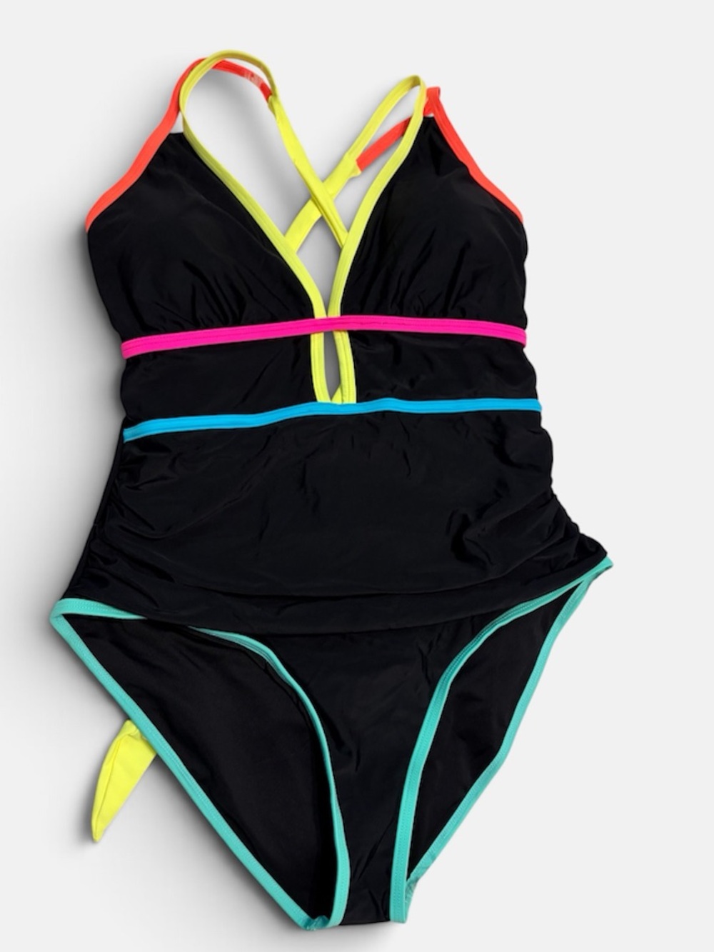 NWT POPVIL Black Neon Colorblock Strappy Tie Back One Piece Swimsuit XL Retro